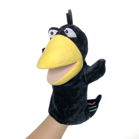 Black bird-shaped glove puppet with a yellow beak.