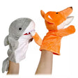 Plush shark and fox hand puppets.