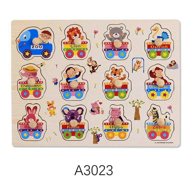 Montessori wooden animal illustration puzzle for learning through play with colorful animal pieces.