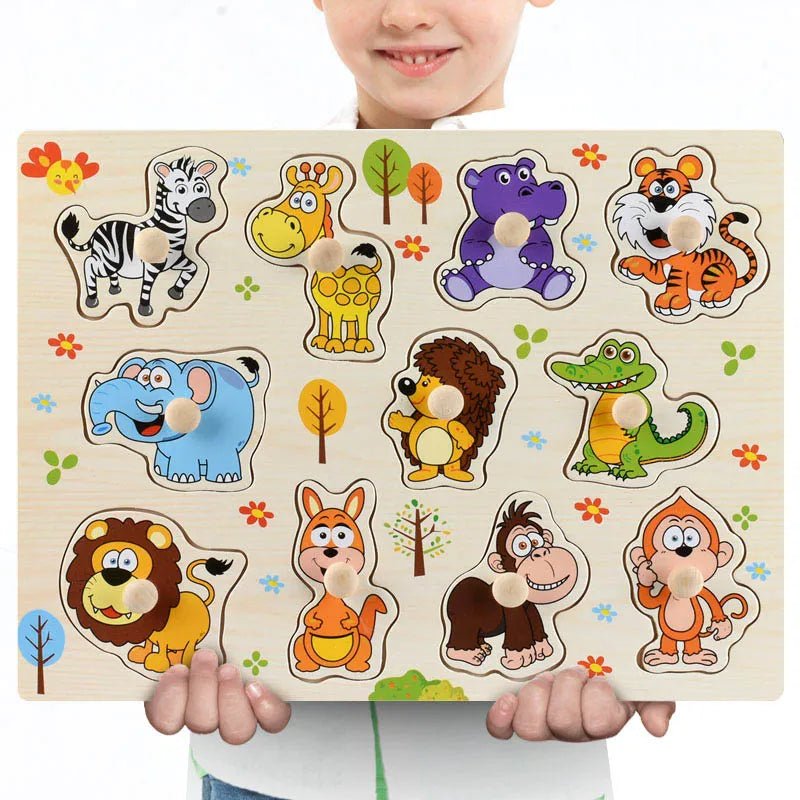 Child holding a Montessori wooden animal illustration puzzle for a stack and fit activity session.
