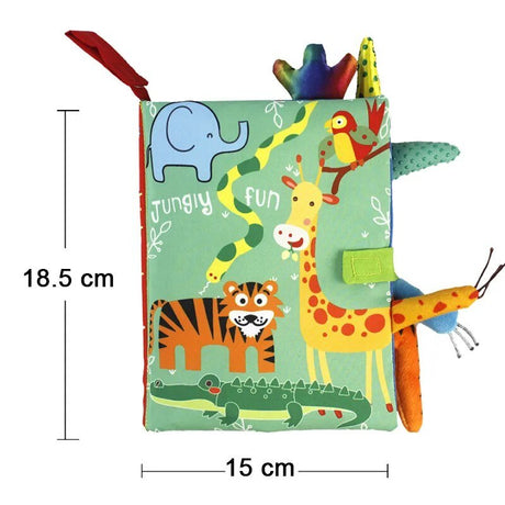 Children's soft book with colorful animal illustrations and dimensions displayed.