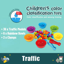 Children's color classification toy set with bowls and clamps.