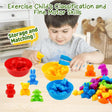 Child playing with colorful plastic toys on a table, with text about classification, fine motor skills, storage, and matching.