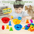 Child playing with colorful plastic toys on a table, with text about classification, fine motor skills, storage, and matching.