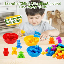 Child playing with colorful plastic toys on a table, with text about classification, fine motor skills, storage, and matching.