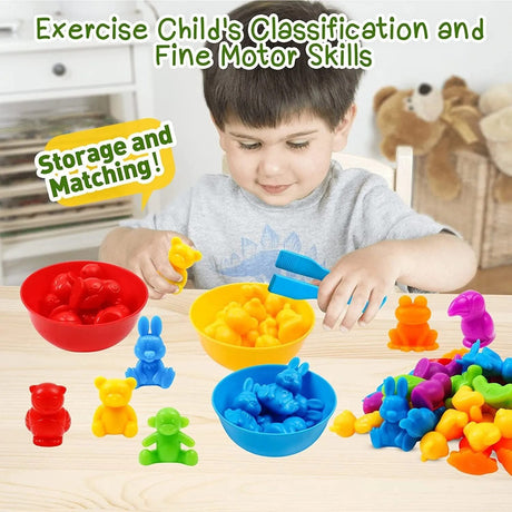 Child playing with colorful plastic toys on a table, with text about classification, fine motor skills, storage, and matching.