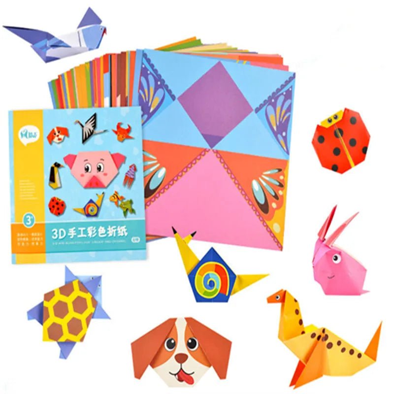 Animal origami paper templates and finished models shown for guided craft learning.
