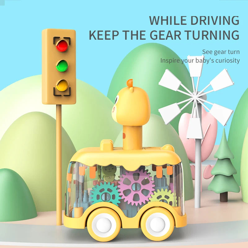 Deer animal press gear car with visible gears beside a toy traffic light