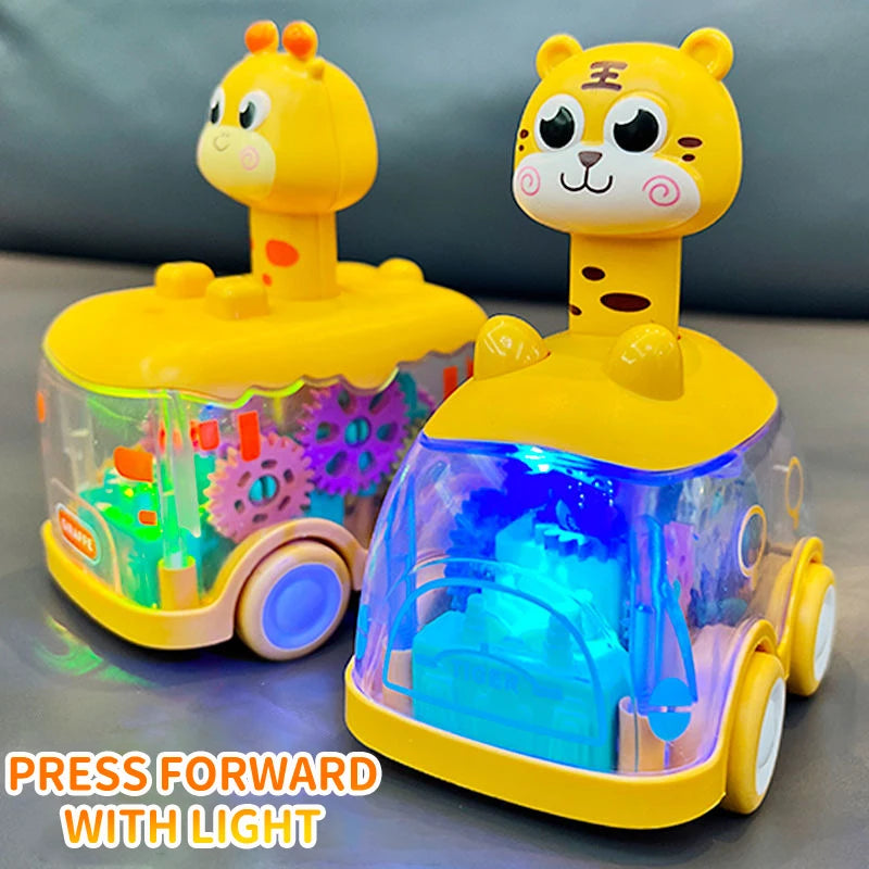 Two yellow animal press gear cars with glowing multicolored lights in their transparent bodies