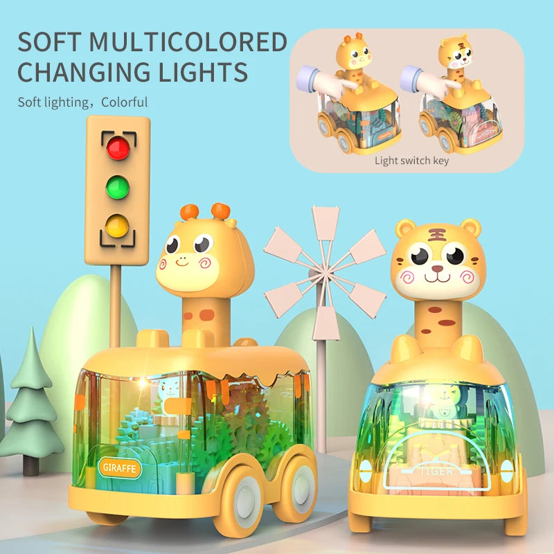 Tiger and deer press gear cars with soft multicolored changing lights and a light switch key