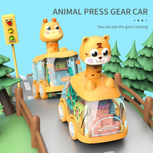 Tiger and deer animal press gear cars with visible turning gears on a toy road scene