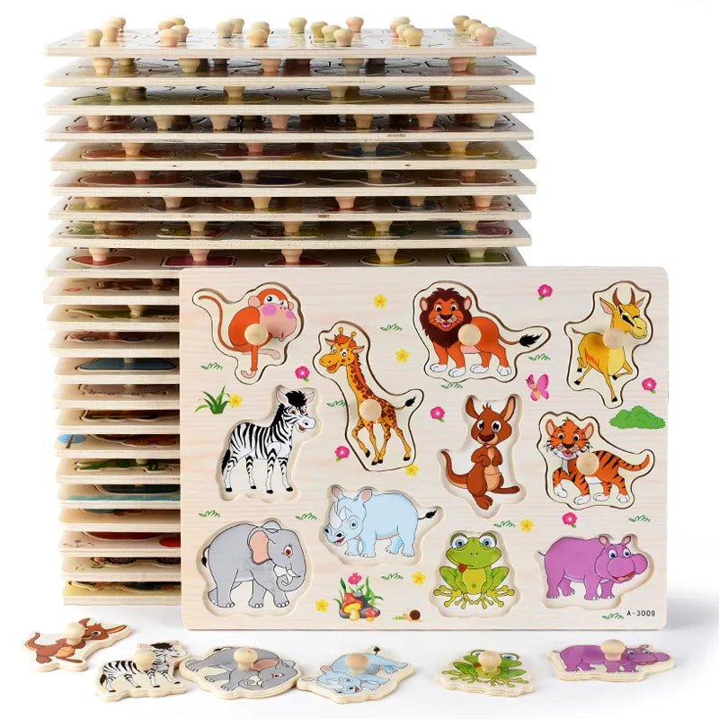 Set of Montessori wooden animal puzzles for preschool activity time with extra puzzle pieces for group play.