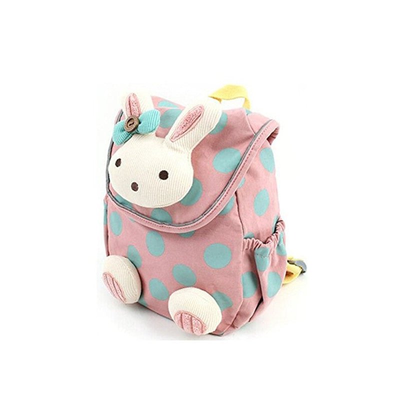 Pink polka dot backpack with a cartoon character