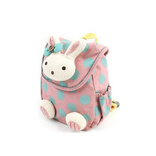 Pink polka dot backpack with a cartoon character