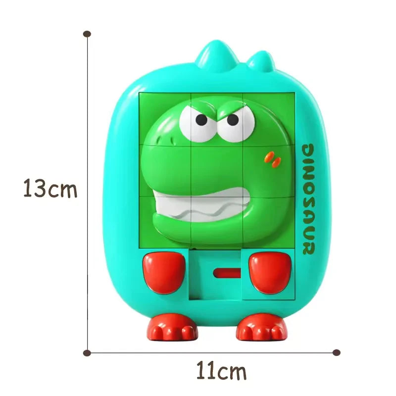 Teal dinosaur slide puzzle toy with size markers of 13 cm tall and 11 cm wide