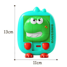 Teal dinosaur slide puzzle toy with size markers of 13 cm tall and 11 cm wide