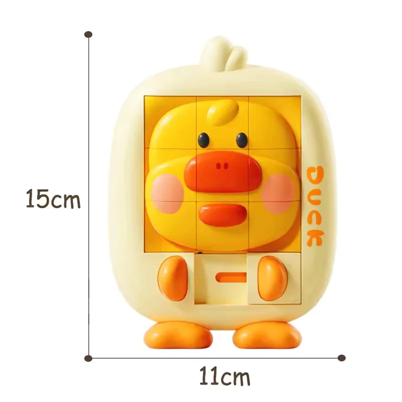Yellow duck slide puzzle toy with size markers of 15 cm tall and 11 cm wide
