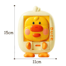 Yellow duck slide puzzle toy with size markers of 15 cm tall and 11 cm wide