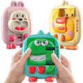 Hands sliding the tiles on a green dinosaur slide puzzle beside a pink rabbit and a yellow duck puzzle