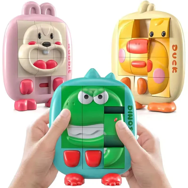 Hands sliding the tiles on a green dinosaur slide puzzle beside a pink rabbit and a yellow duck puzzle