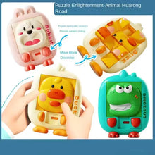 Guide showing a pink rabbit, a yellow duck with moving tiles and a teal dinosaur slide puzzle