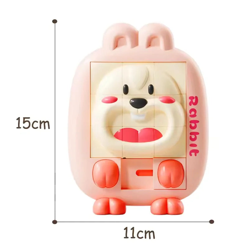 Pink rabbit slide puzzle toy with size markers of 15 cm tall and 11 cm wide
