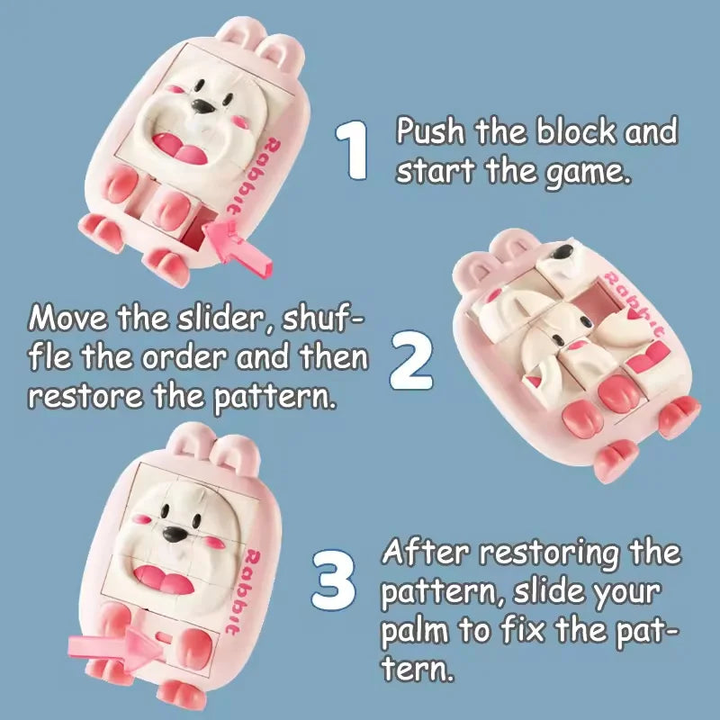 Three numbered steps showing how to push the tiles, shuffle and restore the pattern on a pink rabbit puzzle