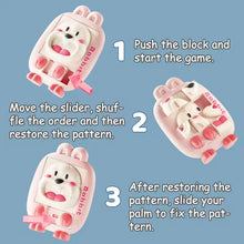 Three numbered steps showing how to push the tiles, shuffle and restore the pattern on a pink rabbit puzzle