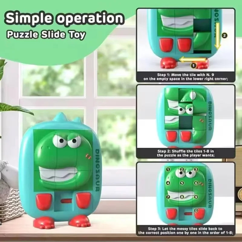 Three-step guide with a teal dinosaur slide puzzle showing how to move, shuffle and restore the tiles