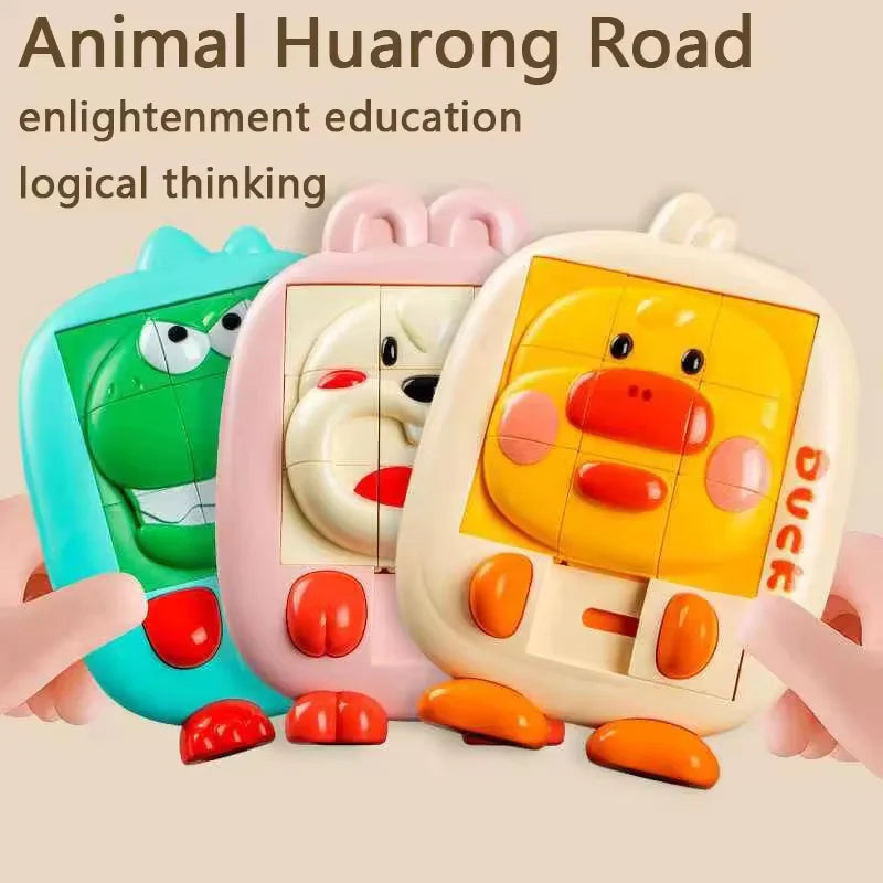Teal dinosaur, pink rabbit and yellow duck slide puzzle toys with a Huarong Road logical thinking caption