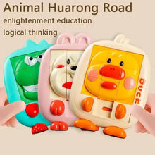 Teal dinosaur, pink rabbit and yellow duck slide puzzle toys with a Huarong Road logical thinking caption