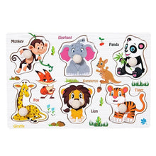 Montessori wooden baby puzzle board with animal-themed stickers for sensory learning and extended play.