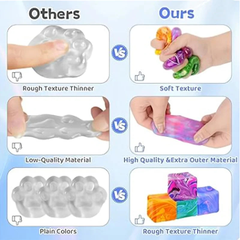 Comparison of different slime products with text labels.