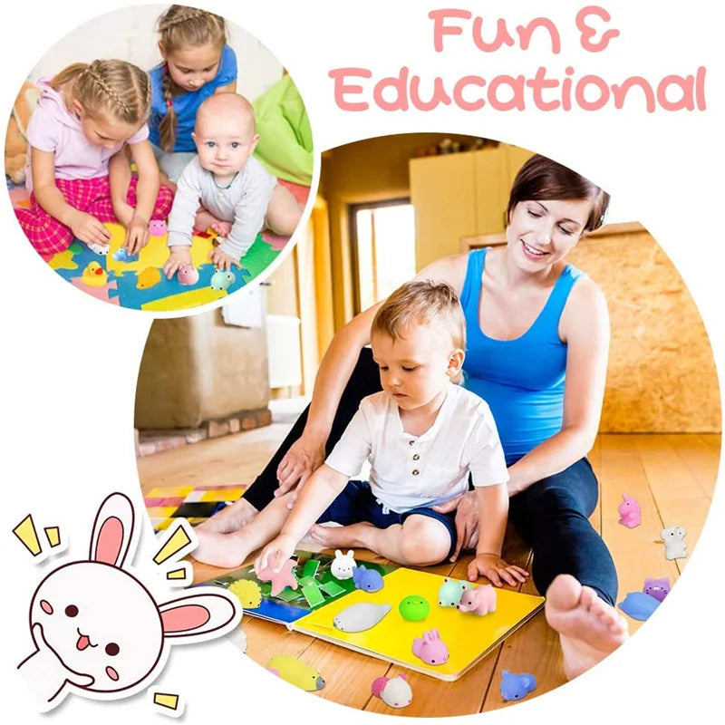Children playing with educational toys, surrounded by text 'Fun & Educational' and a cartoon rabbit.
