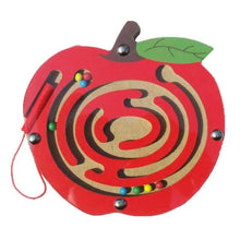 Red apple shaped wooden bead maze puzzle, a toddler learning toy for tracing paths and building hand-eye coordination.