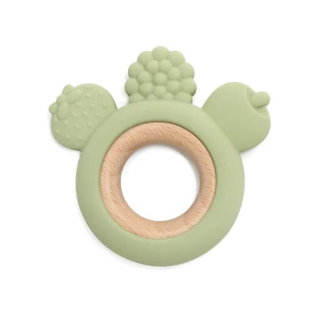 Green teething ring with wooden center.