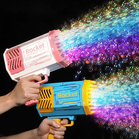 Toy bubble gun labeled 'Rocket' with colorful bubbles.