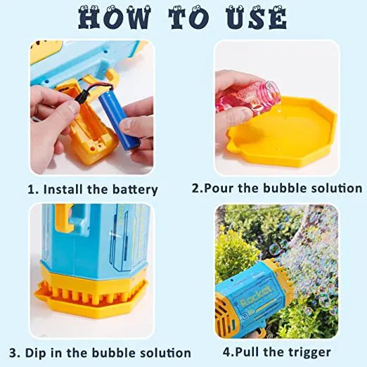 Astronaut Bubble Gun Machine step-by-step usage guide for filling solution and starting bubble play in seconds.