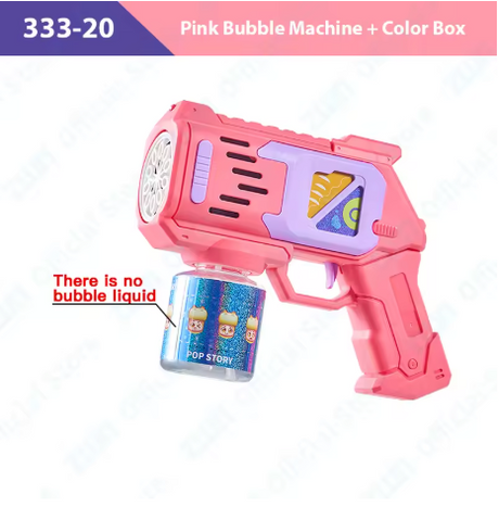 Pink bubble machine with a color box.