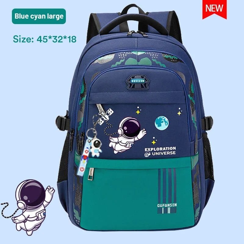 Astronaut design blue and green school backpack with orthopedic fit for growing boys carrying heavy books.