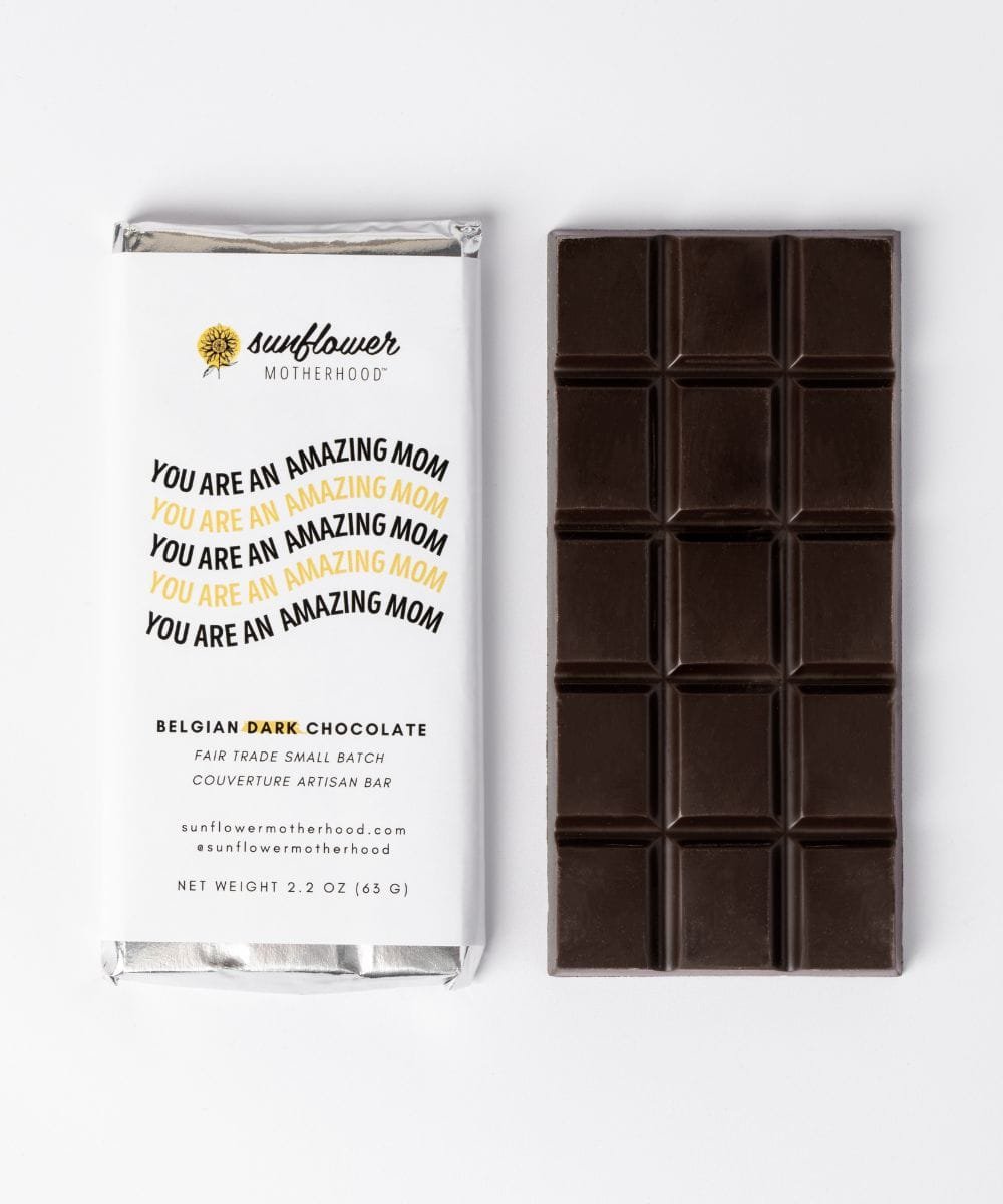 Dark chocolate bar with a packaging label.