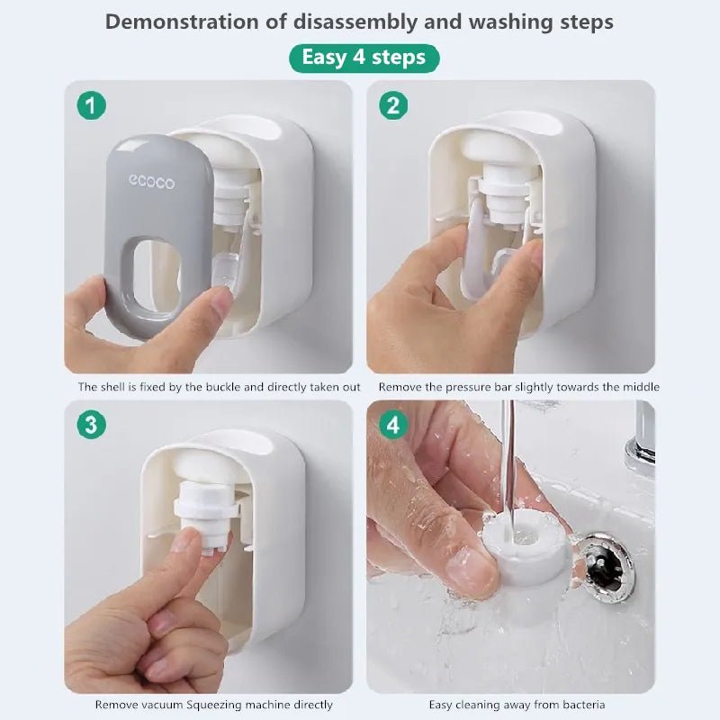 Auto toothpaste dispenser shown in disassembly steps for easy cleaning and refilling at home.