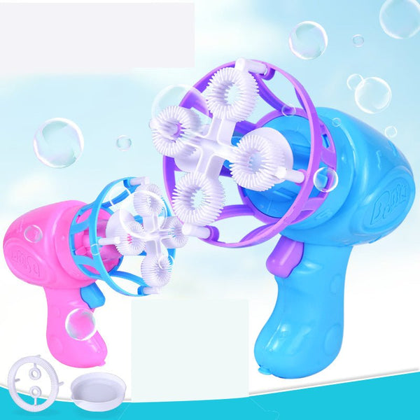Automatic bubble maker gun with mini fan for kids summer outdoor play and party entertainment.