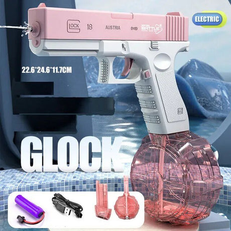 Pink and white toy gun with 'Glock' branding.