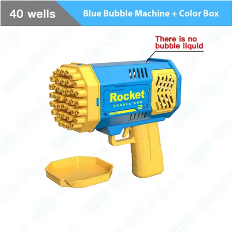 Blue and yellow bubble machine with 'Rocket' branding.