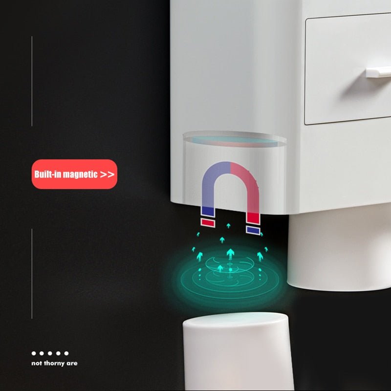 Automatic magnetic inverted toothbrush holder for hygienic wall storage in family bathrooms.