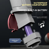 Illustration of a device with a waterproof battery compartment and a hidden built-in battery.