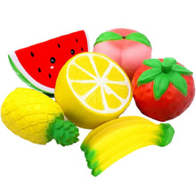 Avocado and fruit squishy toy set with scented slow rising designs for sensory play and stress relief.