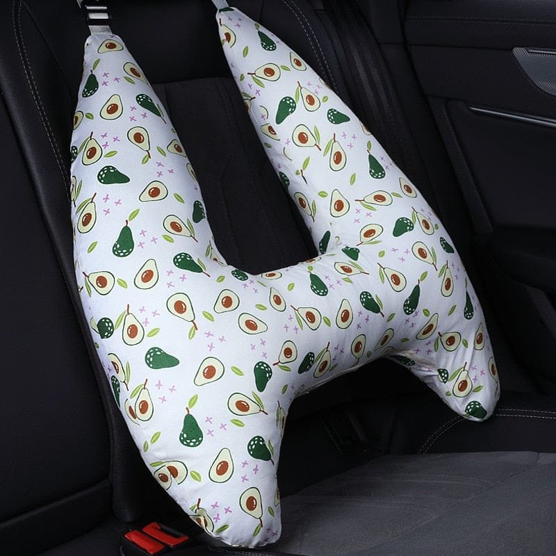 U-Shape Kids Travel Pillow with avocado print for playful neck support during car journeys and travel naps.