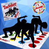 Twister game set with players on the mat and game components on a blue geometric background